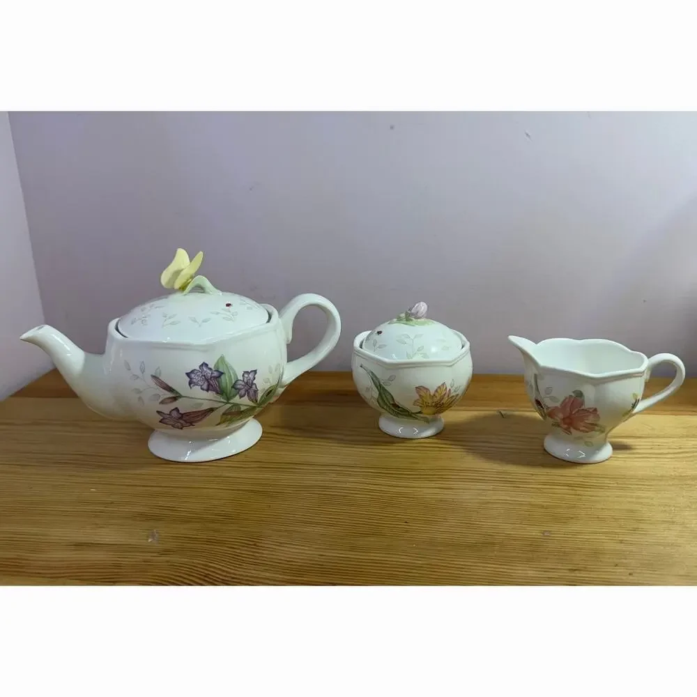 Lenox Butterfly Meadow 3 Pc Tea Set Teapot Creamer Sugar Bowl Floral